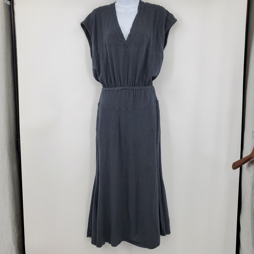 Free People FP Beach Black Cotton Hemp V-Neck Midi Dress Small Boho Minimalist